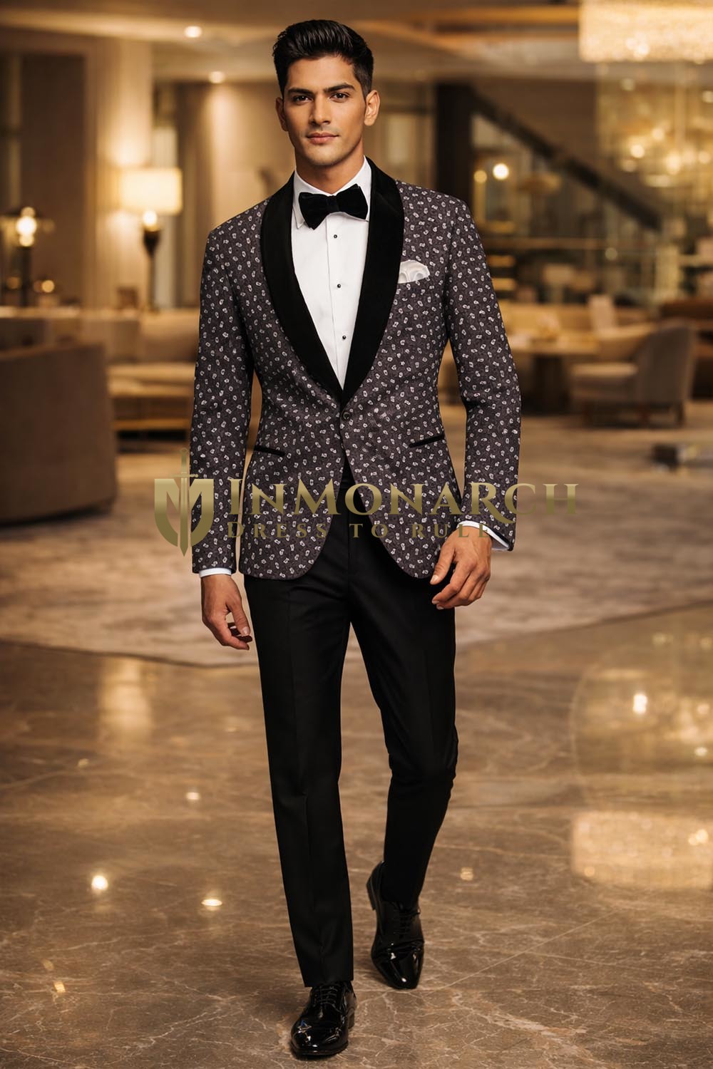 Mens Wine Printed Shawl Lapel Tuxedo 2 Piece Suit Slim Fit Evening Wear