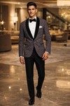 Mens Wine Printed Shawl Lapel Tuxedo 2 Piece Suit Slim Fit Evening Wear