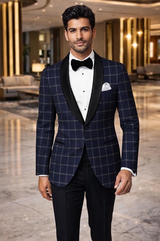 Blazer bleu marine à carreaux col châle