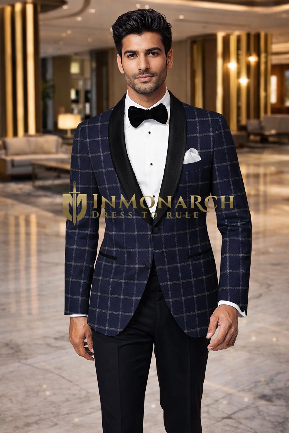 Blazer kariert Schalkragen marineblau Slim Fit