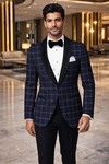 Blazer kariert Schalkragen marineblau Slim Fit