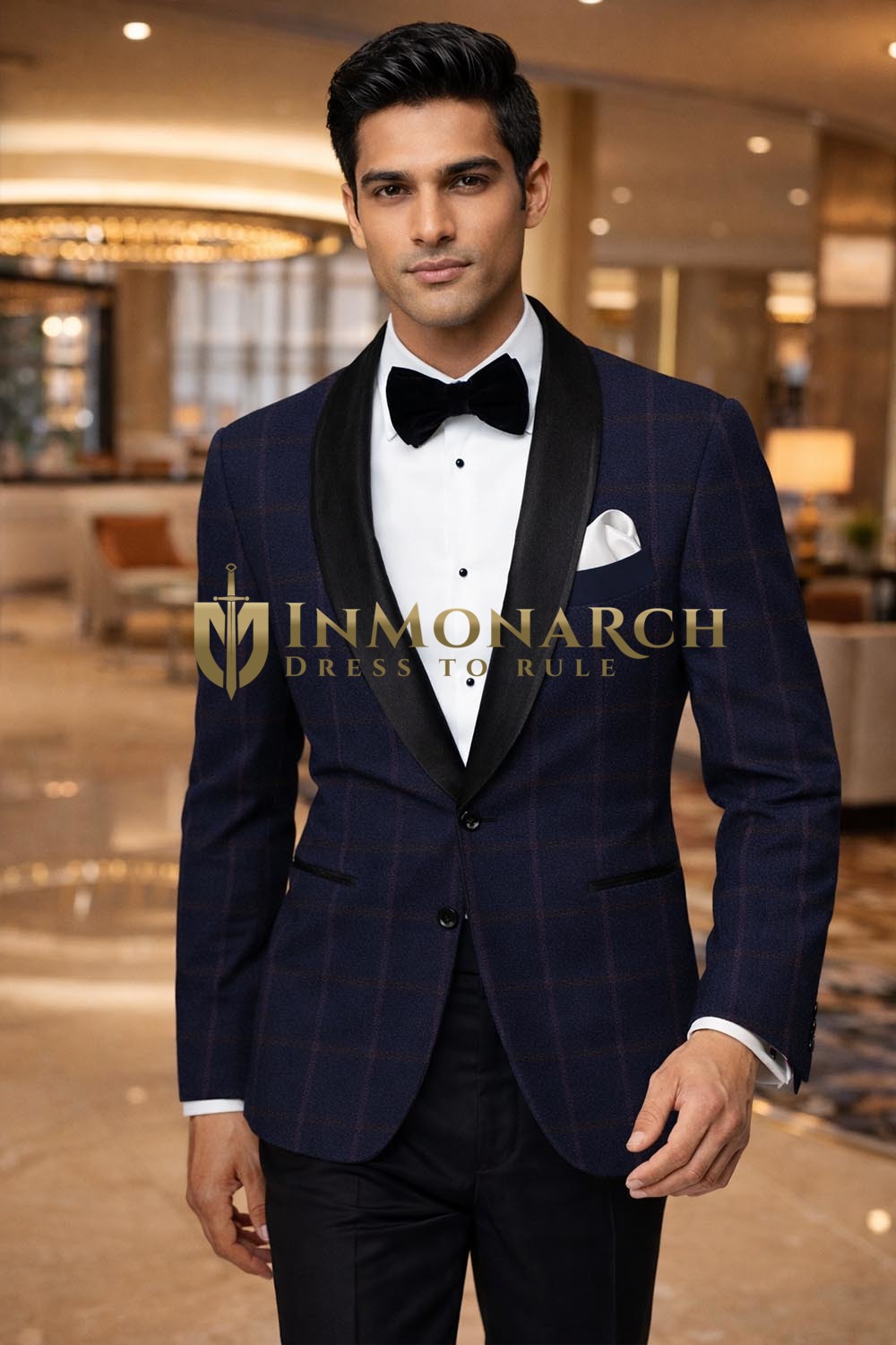 Mens Navy Check Shawl Lapel Tuxedo 2 Piece Suit Slim Fit Evening Wear
