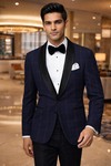 Mens Navy Check Shawl Lapel Tuxedo 2 Piece Suit Slim Fit Evening Wear