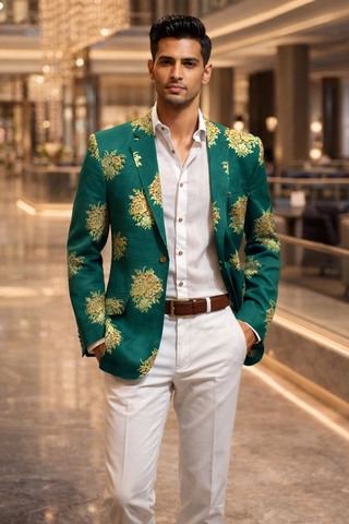 Blazer slim fit homme vert brodé deux boutons