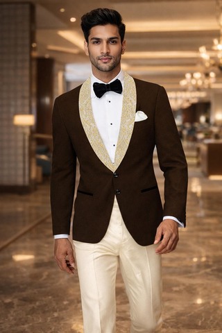 Blazer brocart marron col châle 2 boutons slim fit casual