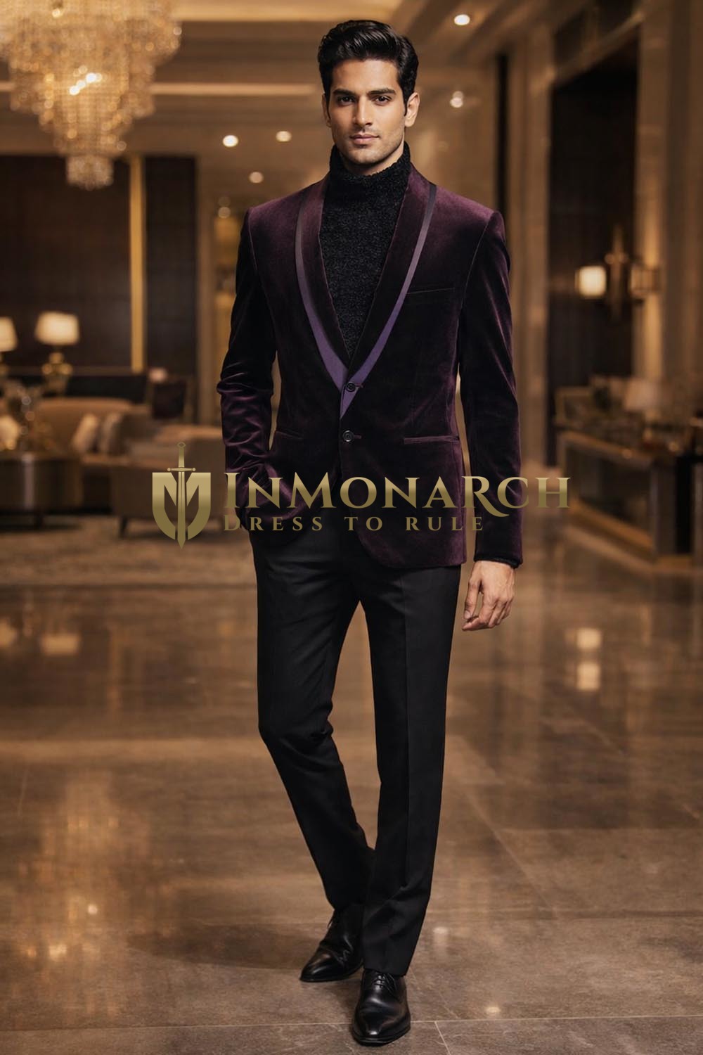 Mens Mulberry Velvet Shawl Collar Slim Fit Blazer Evening Party Jacket