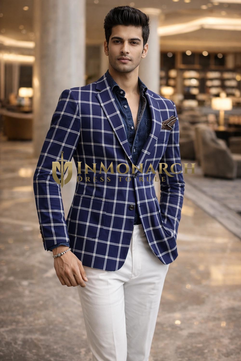 Karierter marineblauer Slim Fit Blazer