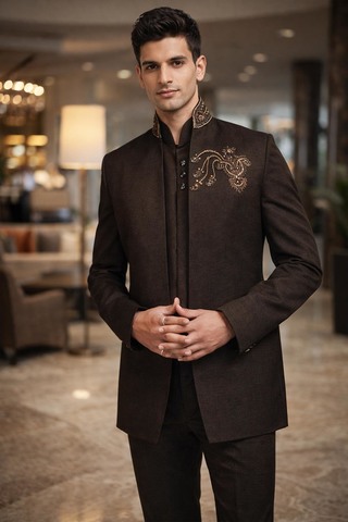 Mens Brown Jodhpuri Suit Nehru Collar Groom Wedding 3pc Embroidered Wear