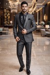 Mens Gray Tuxedo Suit Shawl Lapel Groom Wedding 6pc Elegant Formal Wear