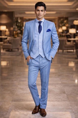 Mens Sky Blue Suit 6pc Notch Lapel Two Button Wedding Party Wear Set