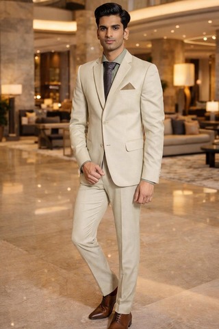 Mens Beige Notch Lapel Suit 5pc Wedding Party Wear Formal Attire