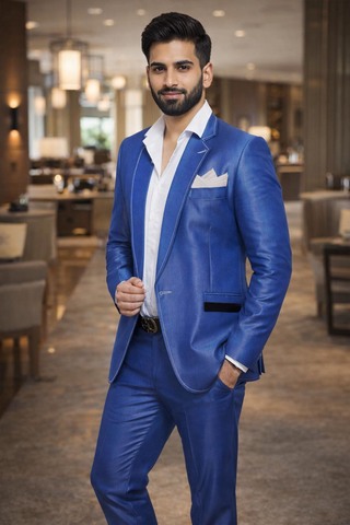 Mens Royal Blue One Button Suit 4pc Notch Lapel Party Wear Set
