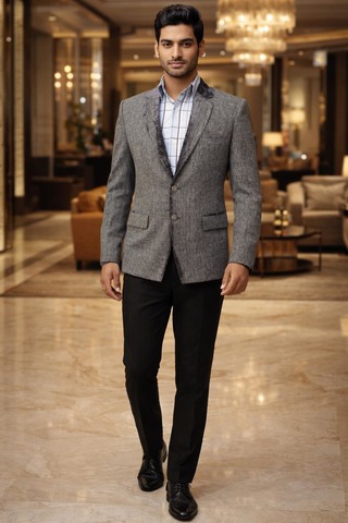 Mens Grey 2 Button Party Wear Suit with Black Trouser Designer Set