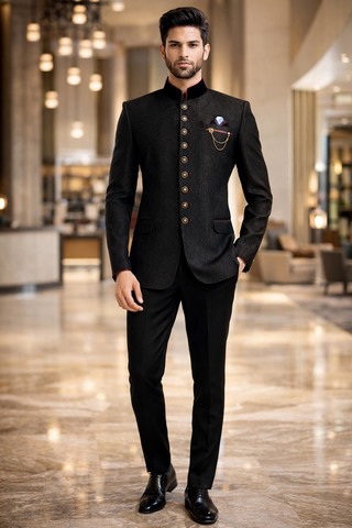 Mens Black 9 Button Jodhpuri Suit Wedding Designer 4pc Set
