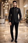 Mens Black 9 Button Jodhpuri Suit Wedding Designer 4pc Set