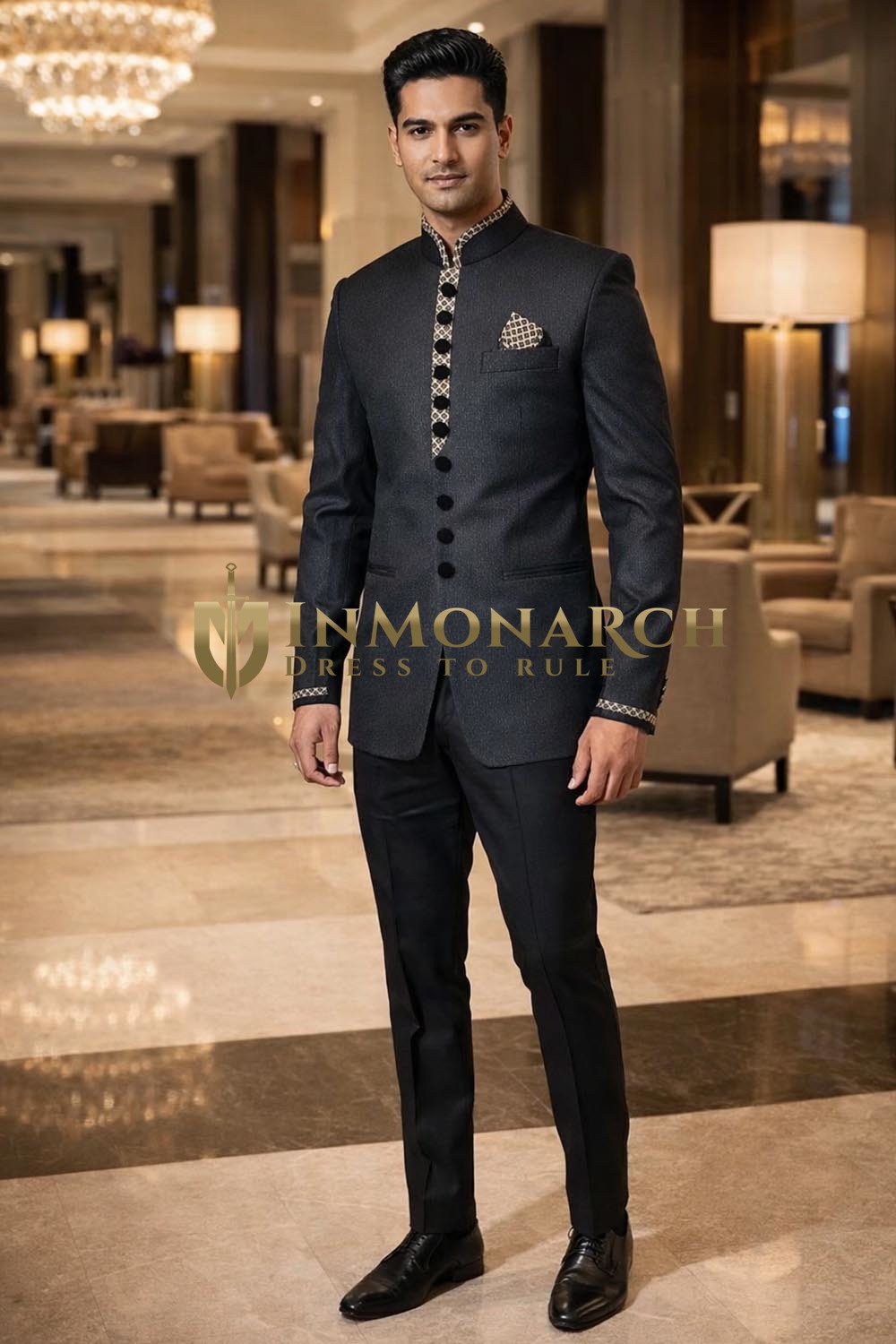  Traje Jodhpuri negro 10 botones