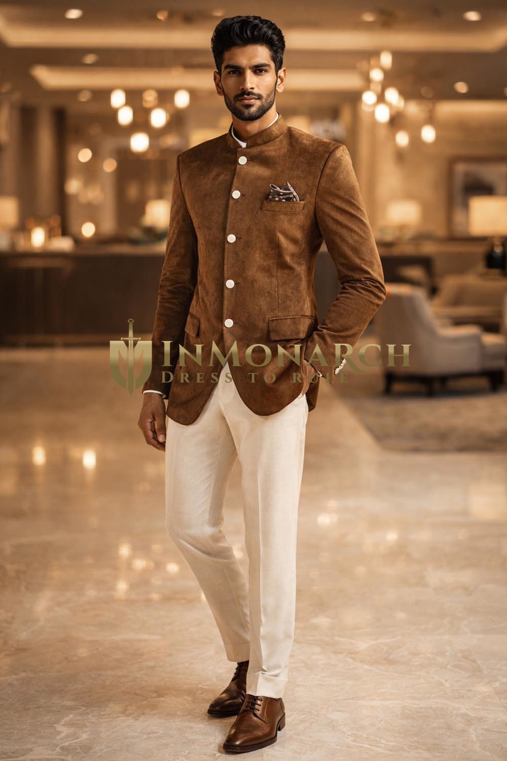 Costume Jodhpuri velours marron homme