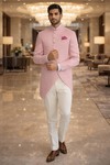 Mens Pink Jodhpuri Suit 4pc Nehru Collar Jacquard Poly Wool Set
