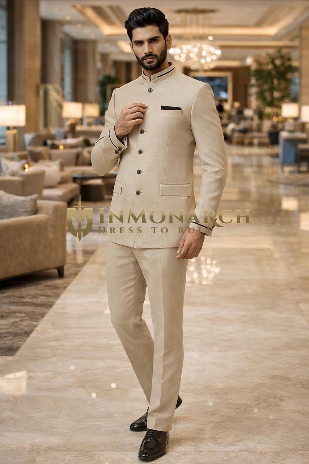 Mens Champagne Jodhpuri Suit 2pc Nehru Collar Formal Wedding Outfit Pants