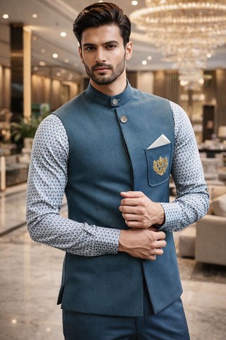 Costume Jodhpur bleu acier sans manches