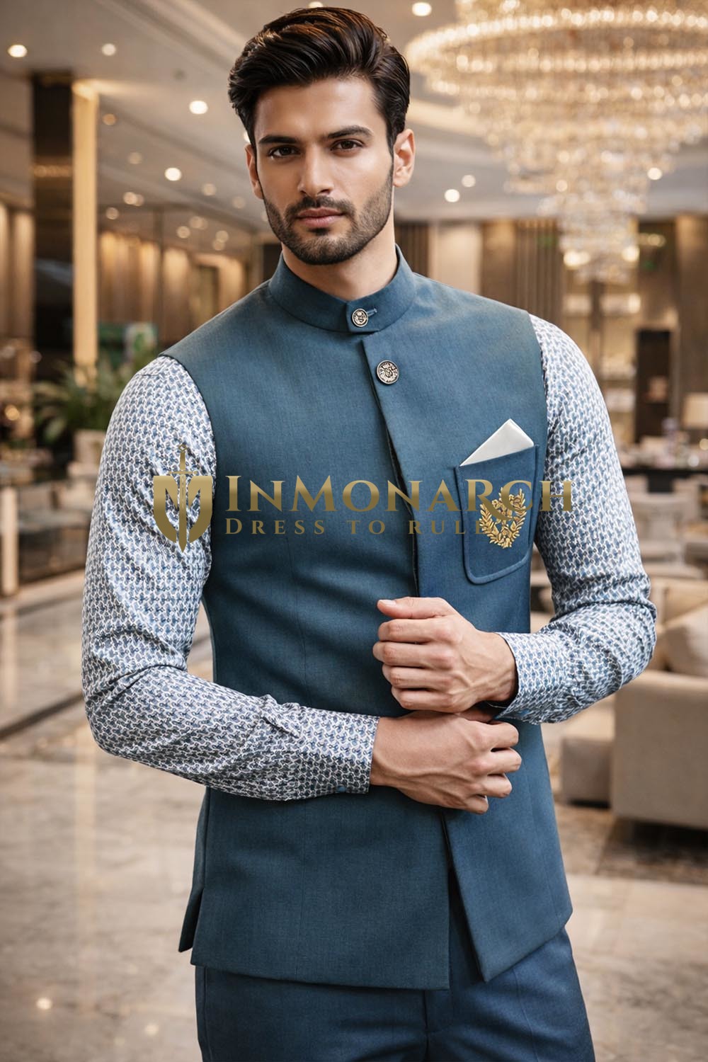 Costume Jodhpur bleu acier sans manches