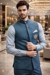 Costume Jodhpur bleu acier sans manches