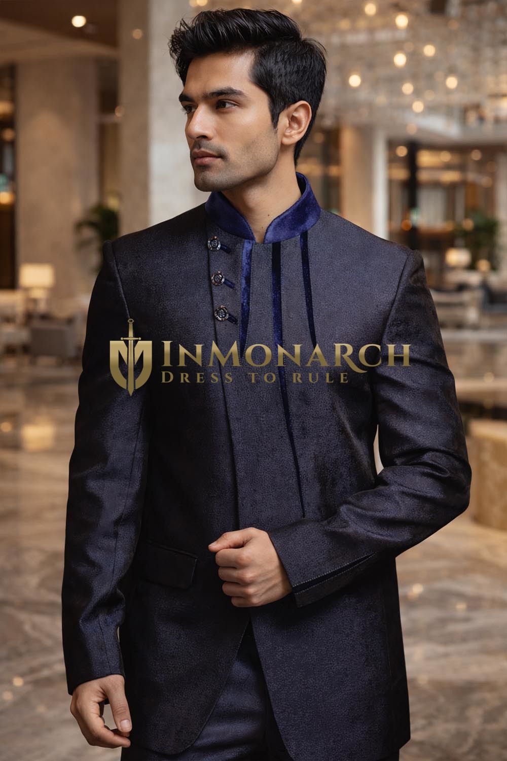 Mens Navy Blue Jodhpuri Suit 2pc Velvet Trim Formal Wedding Outfit