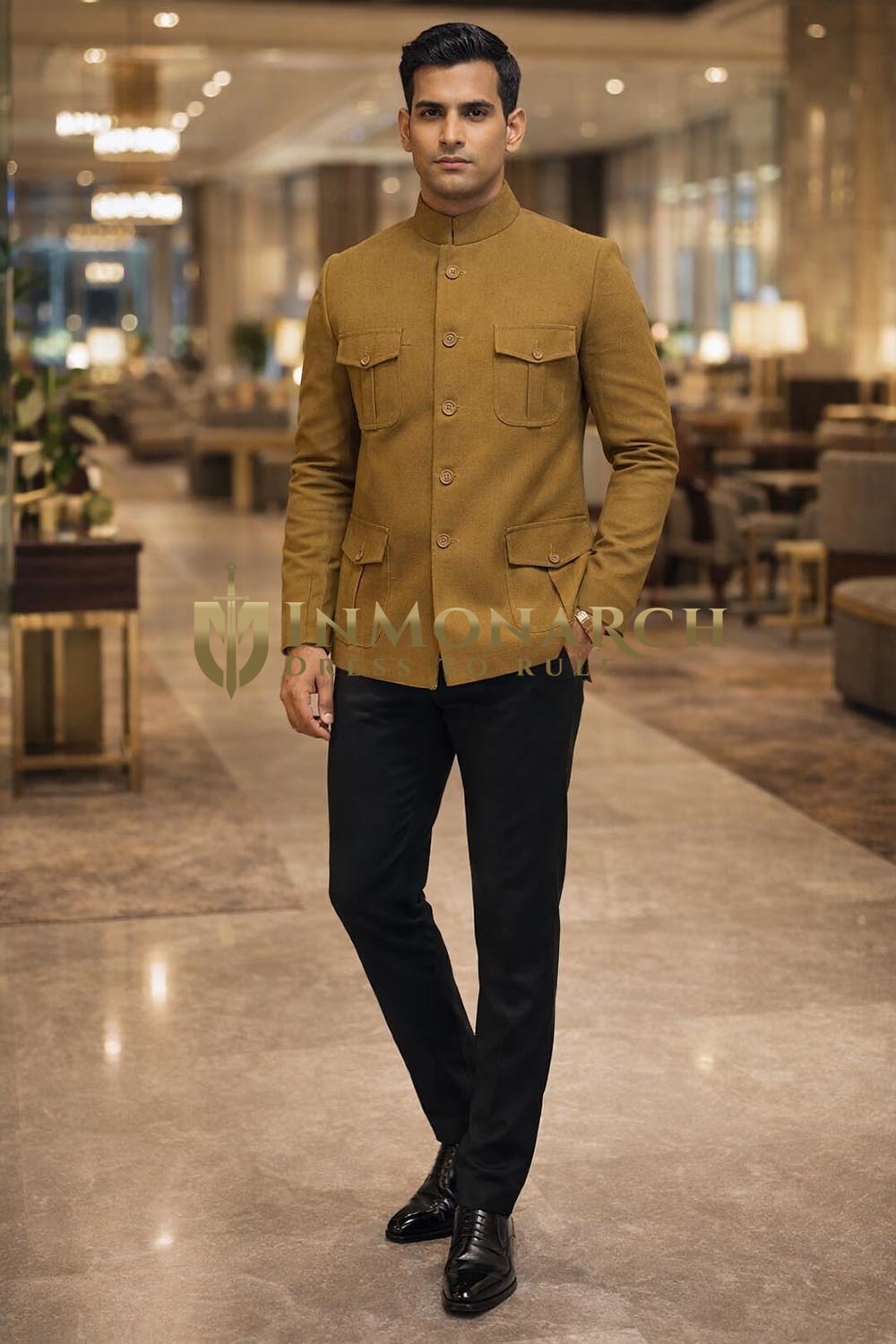 Mens Tan Corduroy Jodhpuri Suit 2pc Nehru Collar Formal Black Pants Outfit