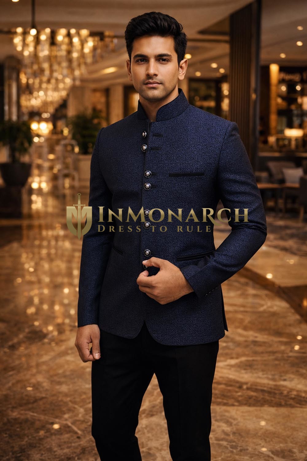 Mens Dark Navy Jodhpuri Suit 2pc Satin Piping Formal Partywear Outfit
