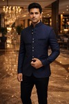 Mens Dark Navy Jodhpuri Suit 2pc Satin Piping Formal Partywear Outfit