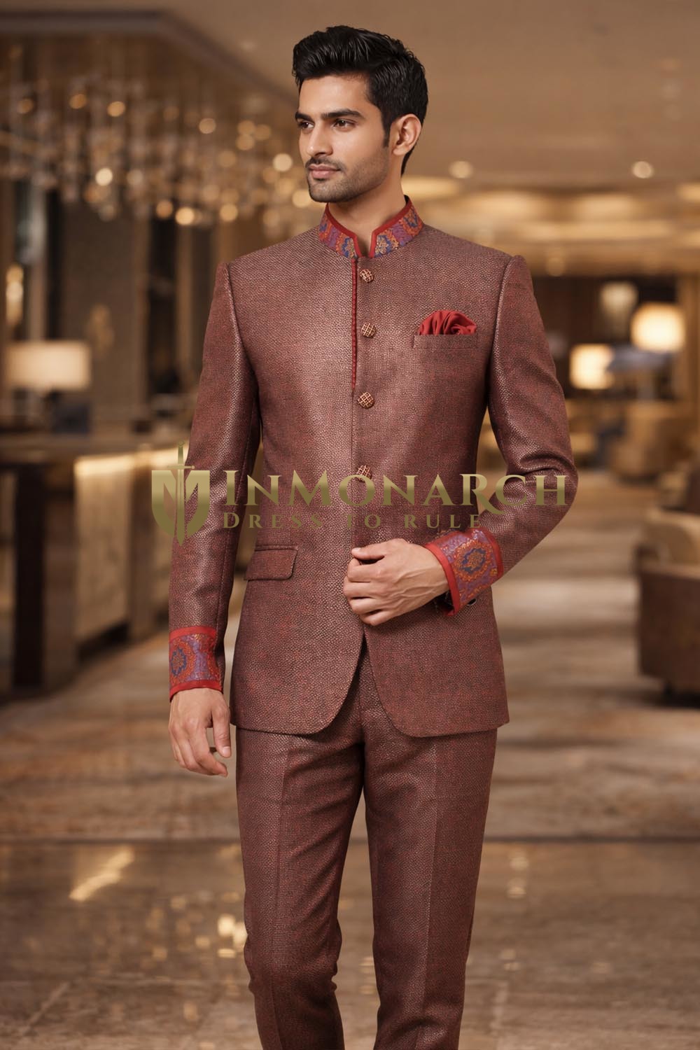 Mens Indian Red 3pc Jodhpuri Suit Embroidered Bandhgala Wedding Outfit