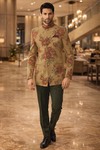 Mens Burlywood Floral Jodhpuri Suit 3pc Wedding Outfit Green Trousers