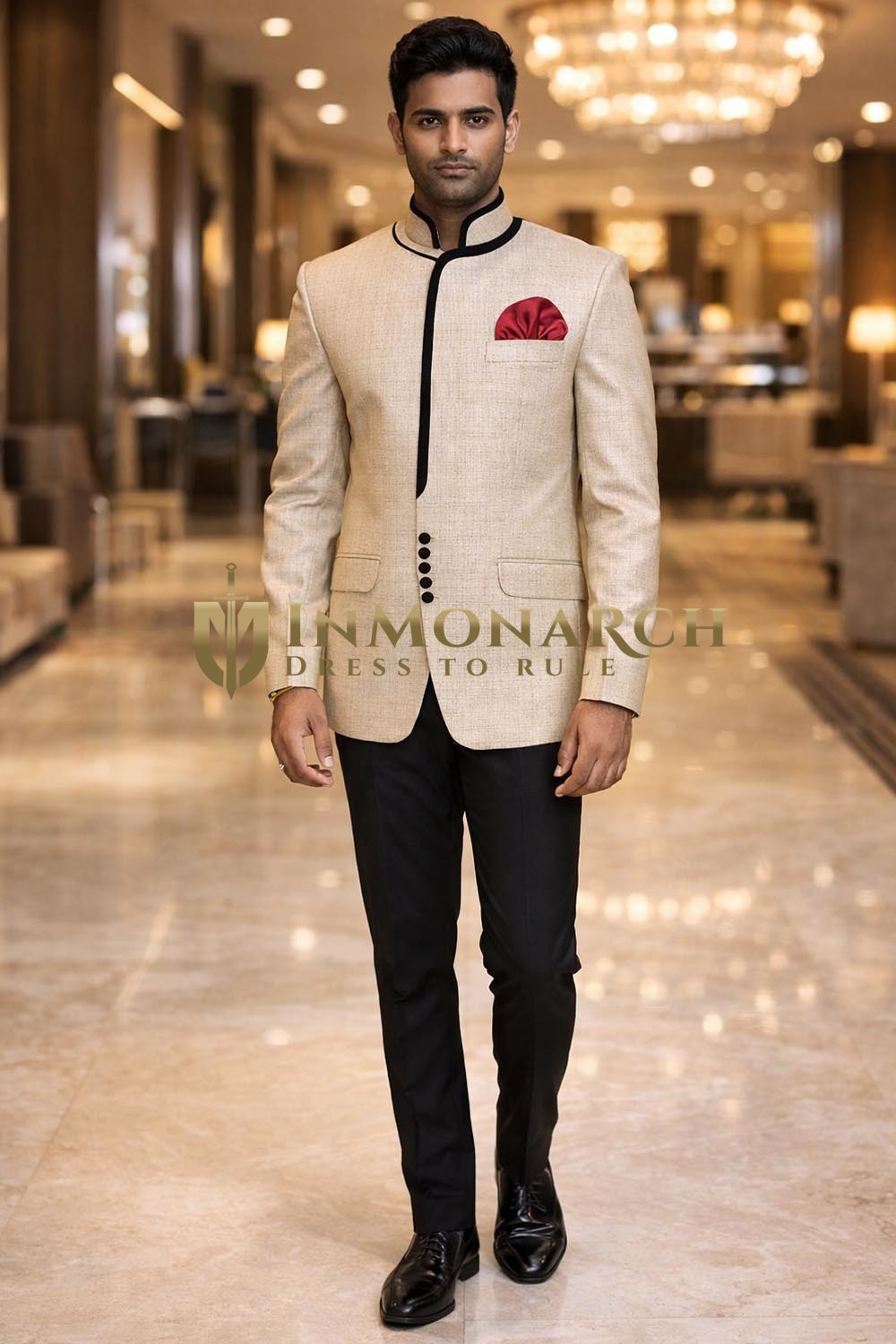 Mens Ivory Linen Jute Jodhpuri Suit 3pc Concealed Wedding Outfit Pants