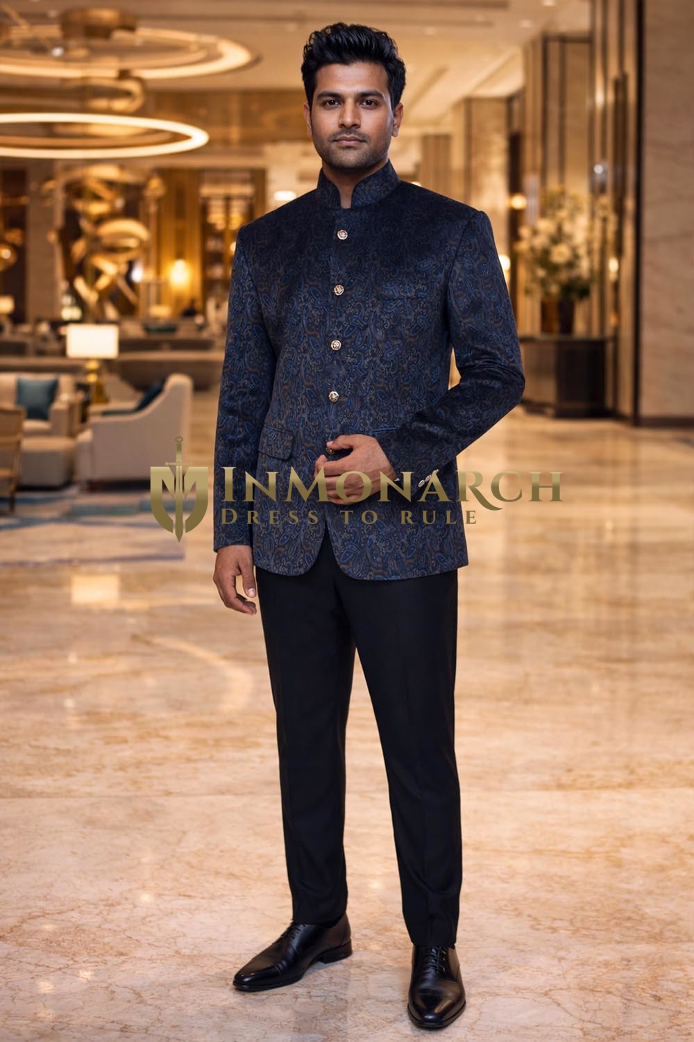 Mens Navy Velvet Jodhpuri Suit 2pc Printed Formal Wedding Black Pants