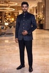 Mens Navy Velvet Jodhpuri Suit 2pc Printed Formal Wedding Black Pants