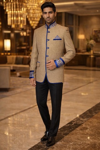 Jodhpuri Anzug beige blau 5 Knöpfe