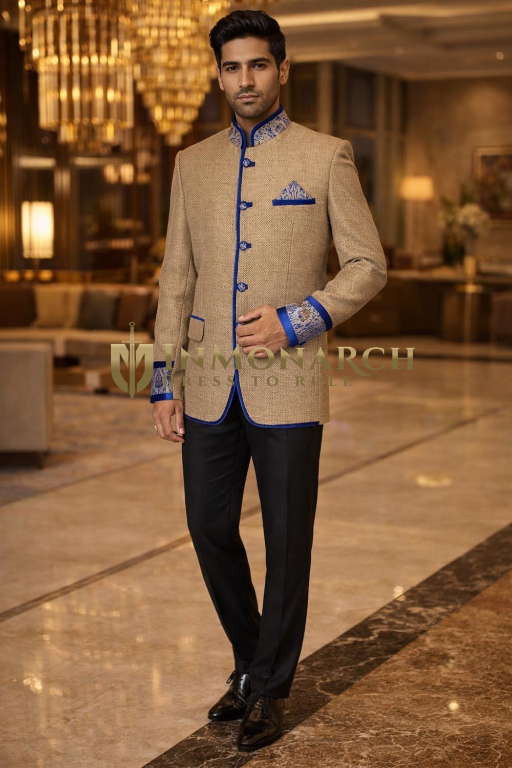 Mens Beige 3pc Jodhpuri Suit Blue Velvet Piping Wedding Black Pants