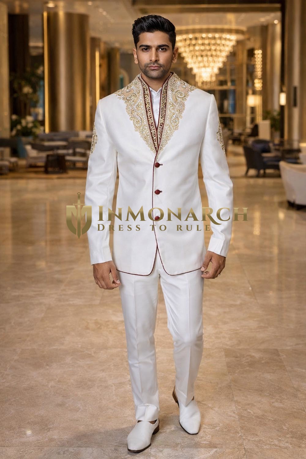 Ensemble Jodhpuri brodé crème homme