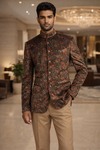 Mens Brown Velvet Printed Jodhpuri Suit 2pc Groom Wedding Outfit Pants