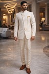 Beige Grey Angrakha Jodhpuri Suit 3pc Geometric Wedding Ensemble