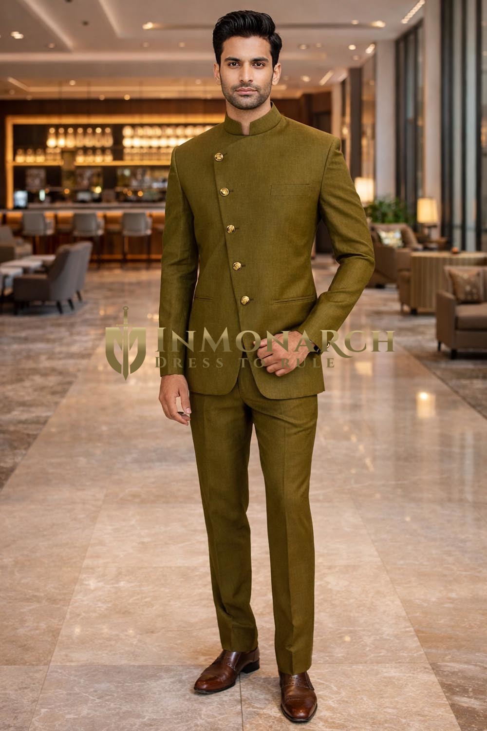 Olive Linen Angrakha Jodhpuri Suit 2pc Classic Formal Set