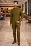 Olive Linen Angrakha Jodhpuri Suit 2pc Classic Formal Set