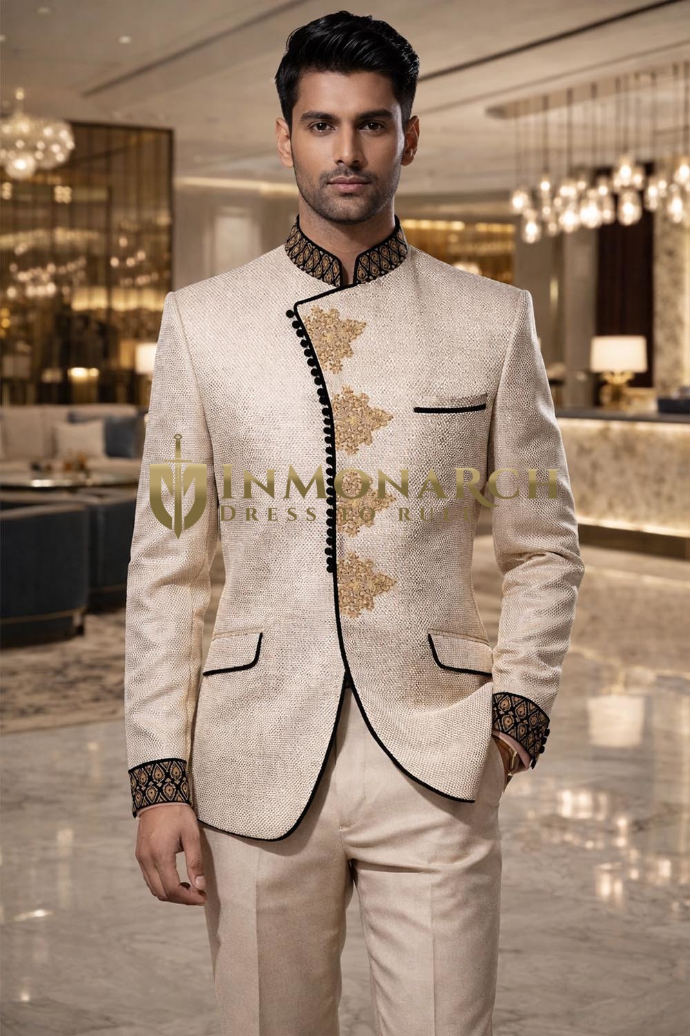 Beige Brocade Jodhpuri Coat 3pc Luxury Wedding Jacket Set