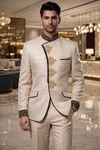 Beige Brocade Jodhpuri Coat 3pc Luxury Wedding Jacket Set