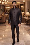 Royal Brown Brocade Jodhpuri Suit 2pc Hand Embroidered Formal Set