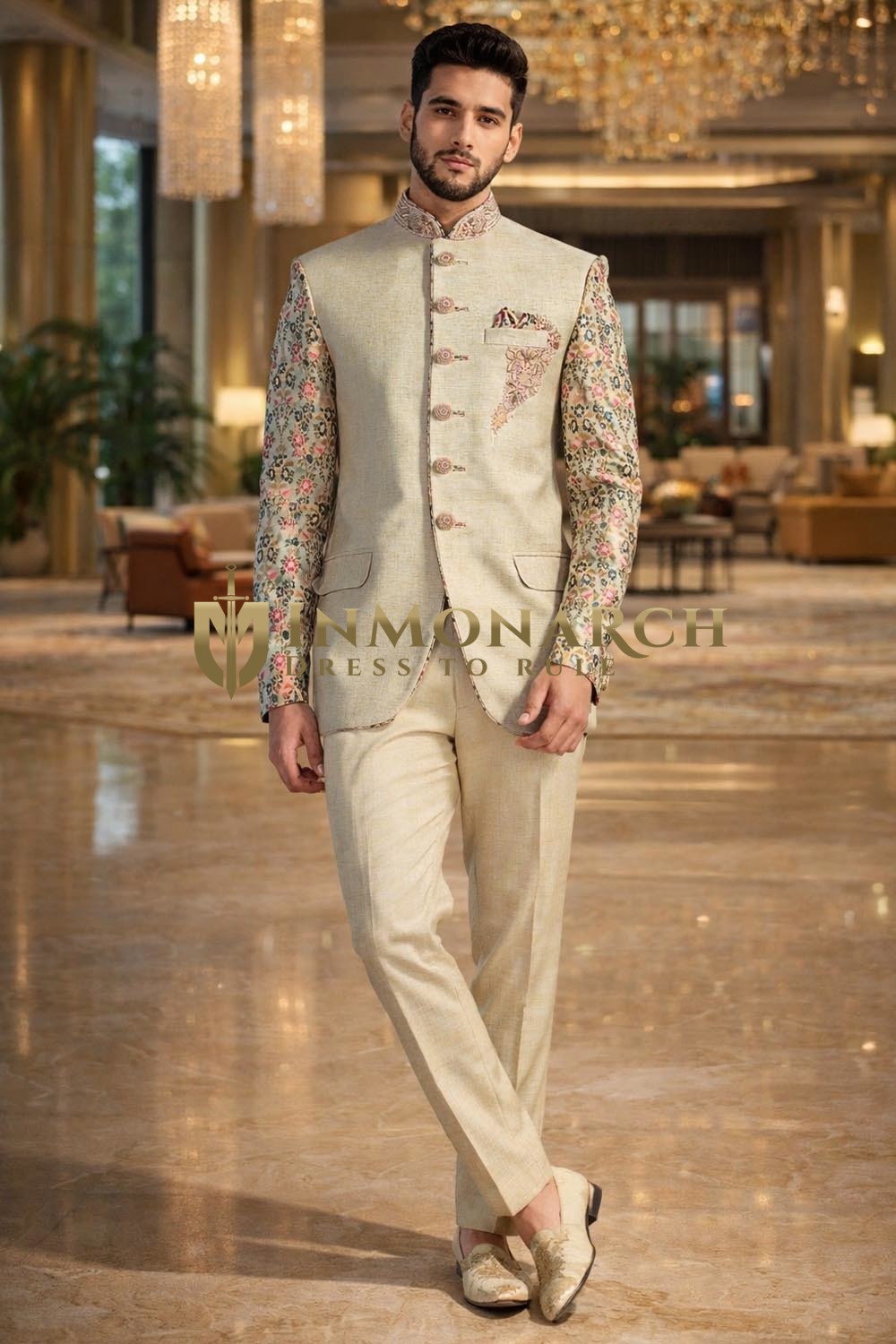 Mens Cream Jodhpuri 3 Piece Suit Nehru Collar Wedding Groom Attire Wear
