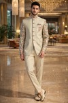 Mens Cream Jodhpuri 3 Piece Suit Nehru Collar Wedding Groom Attire Wear