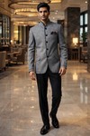 Grey Linen Jute Jodhpuri Suit 3pc Black Piping Nehru Collar Wedding Wear