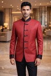 Mens Reddish Pink Jodhpuri Suit 2pc Linen Jute Nehru Collar Formal Wear