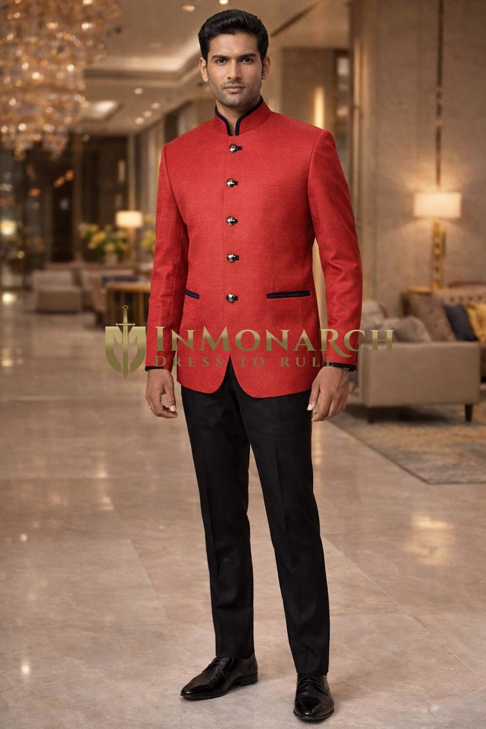 Mens Crimson Jodhpuri Suit 2pc Blue Velvet Trim Nehru Collar Formal Wear